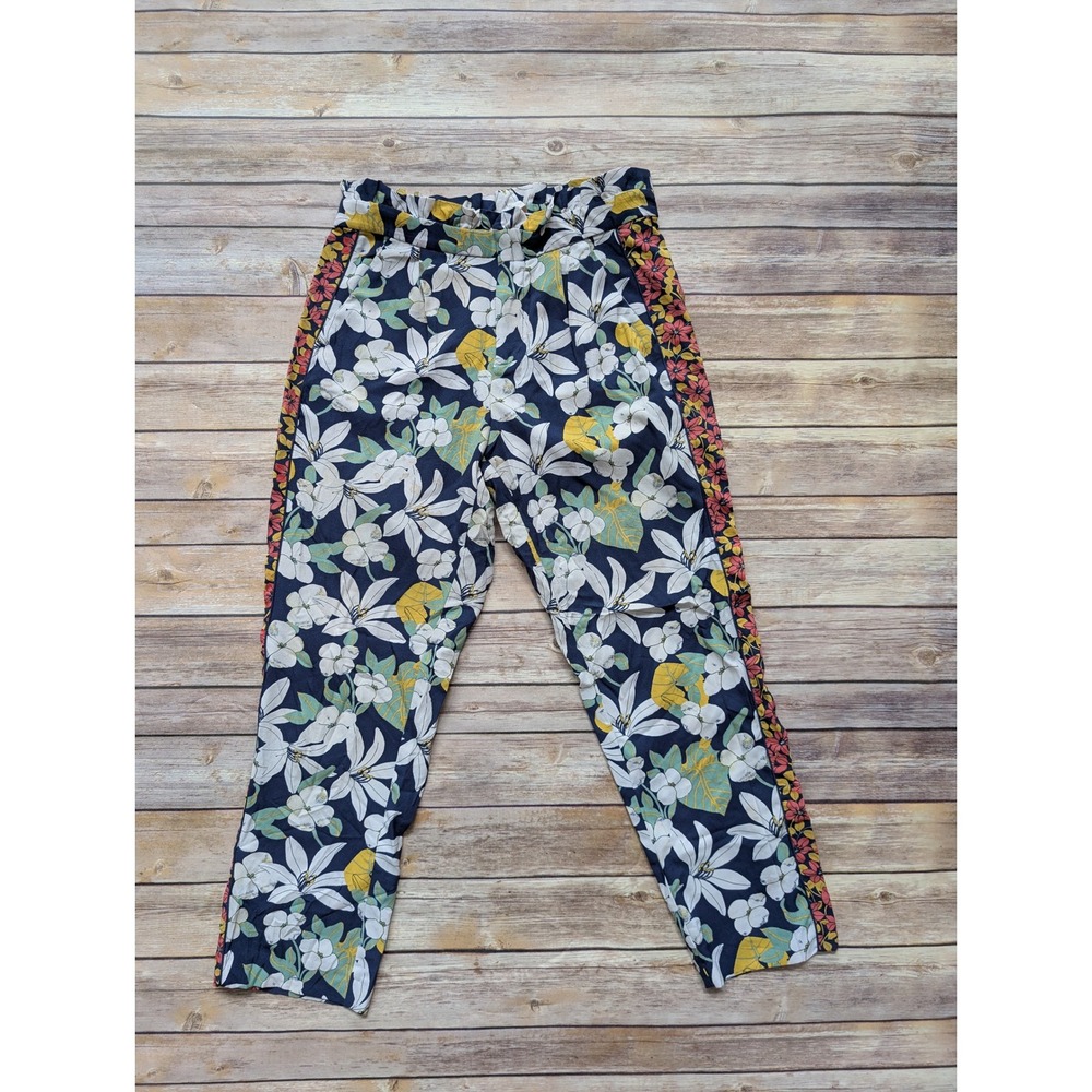 Zara Floral Print Tapered Pants Women S Navy Blue Lily Side Stripe Trousers